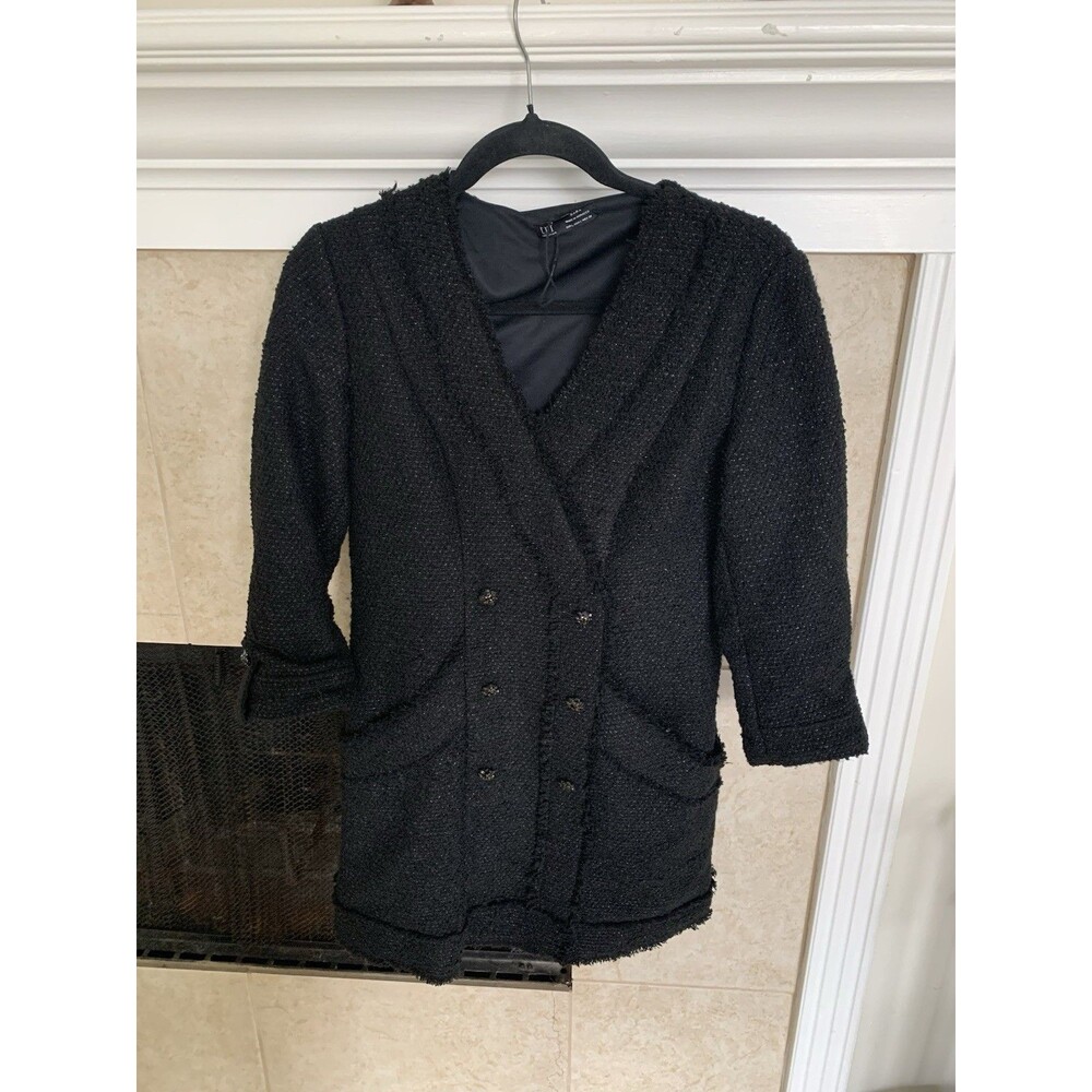 Zara TRF Collection Women’s Black Tweed Blazer Jacket Pockets Lined Size L - Picture 2 of 6